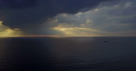 Sunset over the calm Mediterranean Sea. Drone Point of View . Nigh Видео 74284250