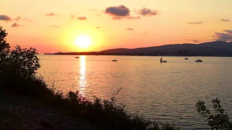 Sunset over calm water with boats sailing, silhouetted trees framing the scene Stock Footage 344810745