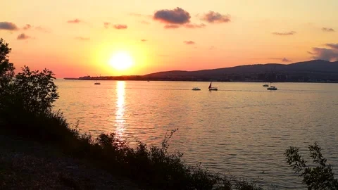 Sunset over calm water with boats sailing, silhouetted trees framing the scene Stock-Footage 344813433