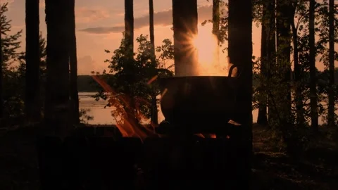 Sunset Over a Campfire with a Cooking Pot Surrounded by Beautiful Forest Stock Footage 313599231