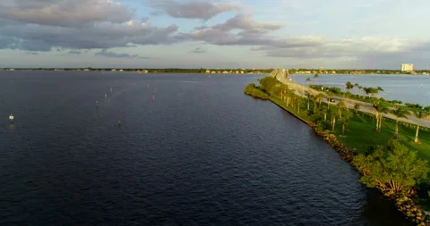 Sunset over Cape Coral Bridge in Ft Meyers Stock Footage 160369468