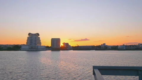 Sunset over Cardiff Bay skyline Stock Footage 158118450