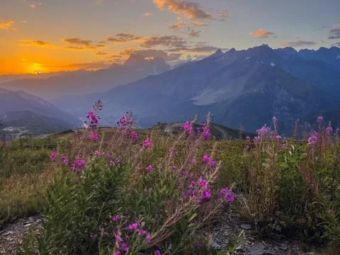 Sunset Over Caucasus Mountains Stock Photos