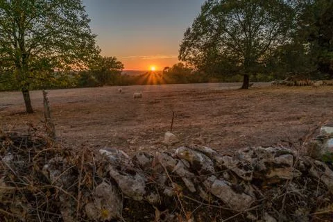 Sunset over Causses du quercy park in Lot department Stock Photos