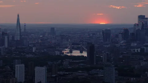 Sunset Over Central London Skyline With Tower Bridge and The Shard Stock Footage 340818062