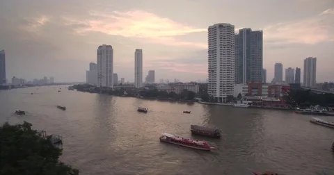 Sunset Over Chao Phraya River, Bangkok, Thailand, Drone Footage Stock Footage 75309417