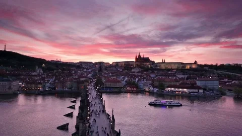 Sunset over Charles Bridge and Prague Castle, Czech Republic Stock Footage 71291502