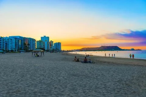 Sunset over Chipipe beach in Salinas, Ecuador. Stock Photos