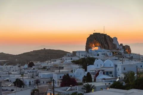 The sunset over the Chora of Amorgos Stock Photos