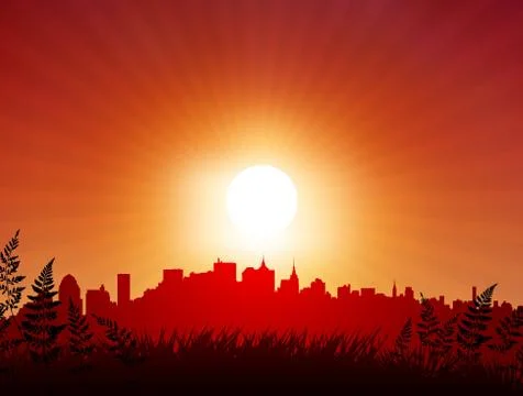 Sunset over city background Stock Illustration