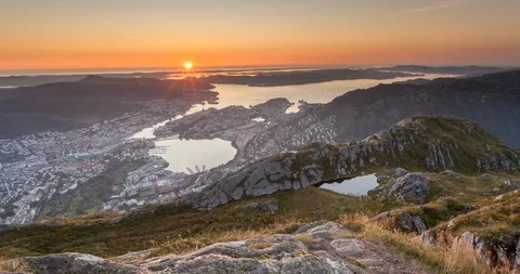 Sunset over the city of Bergen, Norway Stock Footage 94001353