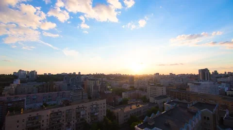 Sunset over the city of Kiev view from the roof of the city Stock Footage 64932404