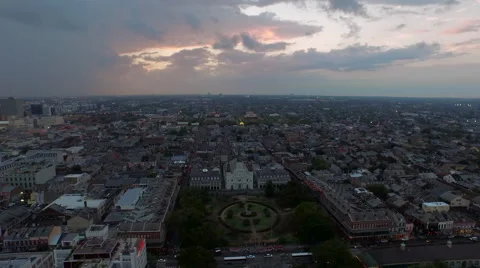 Sunset over the city skyline, Lee Circle, New Orleans, LA, Aerial Stock Footage 53560433