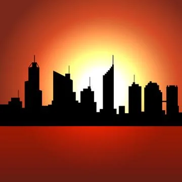 Sunset over City Skyscrappers. Vector Silhouette Ilustração Stock