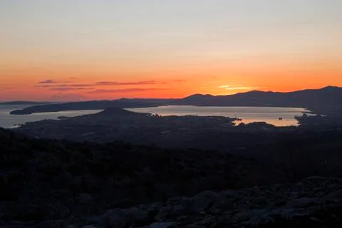 Sunset over City Split and Kastela Bay Stock Photos