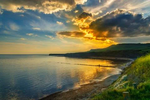 Sunset over the cliffs at Kimmeridge Foto stock
