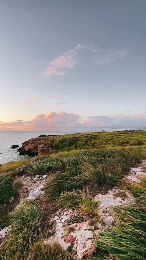 Sunset over the cliffs, sea, beach, coast, ocean, landscape, water, rock Stock Footage 233741450