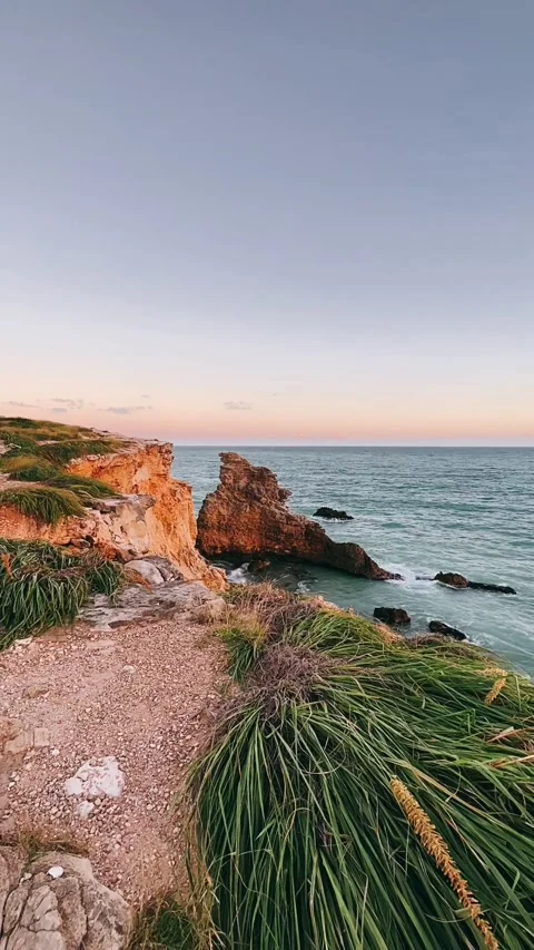 Sunset over the cliffs, sea, beach, coast, ocean, landscape, water Stock Footage 233741461