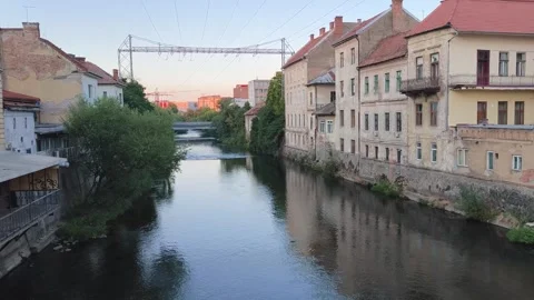 Sunset Over Cluj-Napoca Riverside Architecture 15.08.2026 Romania Video stock 342997048