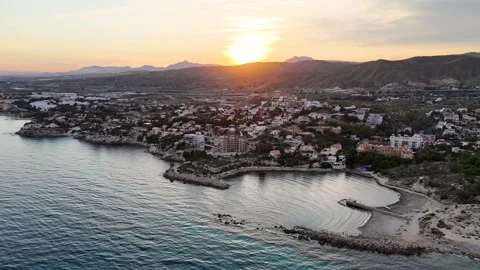 Sunset over Coastal Bay and Village on Costa Blanca Coastline, El Campello Spain Stock Footage 340299743