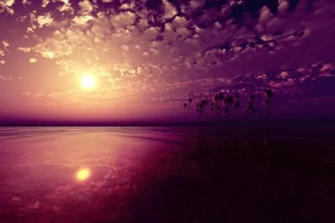 Sunset over coconut island Stock Illustration