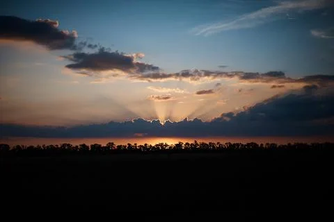 Sunset over a cornfield, clouds and clouds, the sun rays break through Stock Photos