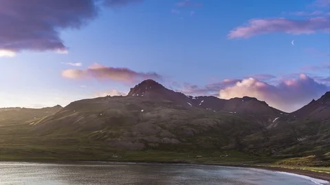 Sunset over a cove and mountains Stock-Footage 71564433