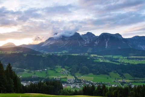 Sunset over Dachstein mountains range in Northern Limestone Alps, Schladming Stock Photos