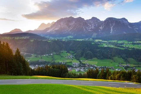 Sunset over Dachstein mountains range in Northern Limestone Alps, Schladming Stock Photos