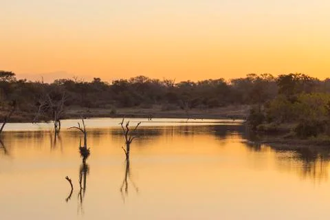 Sunset over a dam in the wild Stock Photos