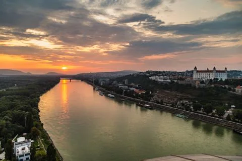 Sunset over the Danube river Stock Photos