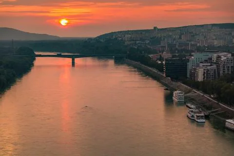 Sunset over the Danube river Stock Photos