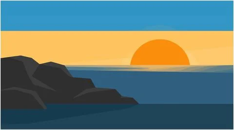 Sunset over a dark rocky ocean coastline with landscape illustration seascape 스톡 일러스트