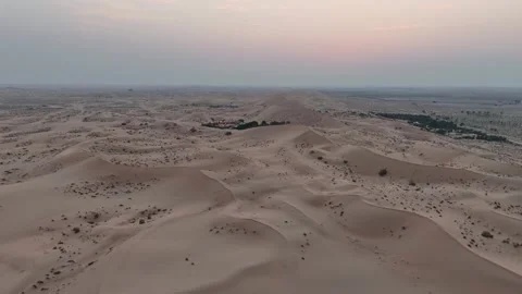 Sunset Over Desert Sand Dunes and Palm Oasis Abu Dhabi Stock Footage 333104184