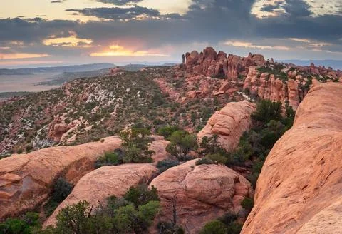 Sunset over Devils Garden in Arches National Park Stock Photos