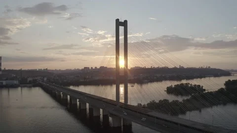 Sunset over the Dnieper river. South bridge. Peak hour. Aerial. Kyiv. Stock Footage 232004163