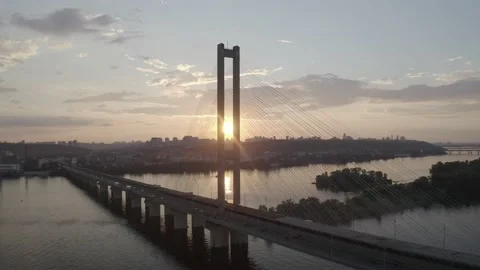 Sunset over the Dnieper river. South bridge. Peak hour. Aerial. Kyiv. Stock Footage 232004166