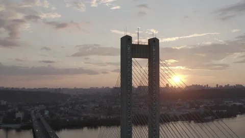 Sunset over the Dnieper river. South bridge. Peak hour. Aerial. Kyiv. Stock Footage 232004286