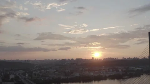 Sunset over the Dnieper river. South bridge. Peak hour. Aerial. Kyiv. Stock Footage 232004319