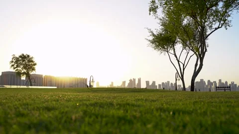 Sunset Over Doha City Skyline from a Green Park Stock Footage 336564674
