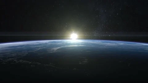 Sunset over the Earth. View from space. The earth rotates quickly. Volumetric Video stock 148498773