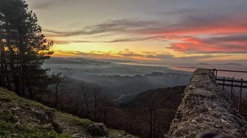 Sunset over eastern Sicily seen from the Dinnammare sanctuary Stock Photos