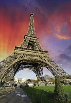 Sunset over Eiffel Tower from Champs de Mars Stock Photos