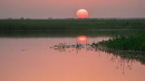 Sunset over the field and lake Stock Footage 157405037