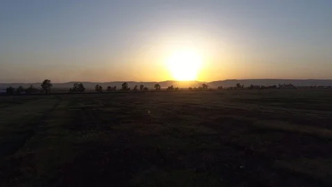 Sunset over the field in the background of mountains and trees - Aerial foota Stock Footage 88591923