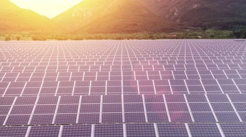 Sunset Over Field Solar Panels Farm Aerial Flight Green Renewable Energy Stock Footage 64018785