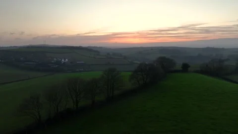 Sunset over Fields and Farms from a drone, Torquay, Devon, UK Stockbeeldmateriaal 221176751