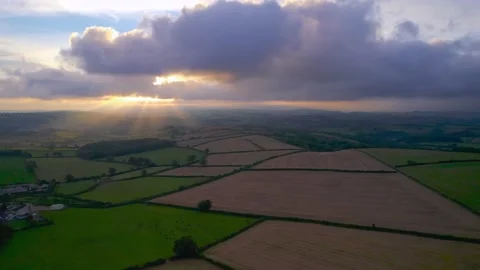 Sunset over the fields from a drone, Berry Pomeroy Village in Devon Stock-Footage 161702788