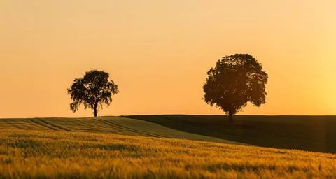 Sunset over fields with trees in a peaceful landscape Foto stock