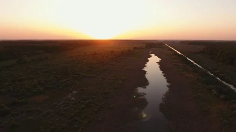 Sunset over the forest and river. view from above Stock Footage 75454900